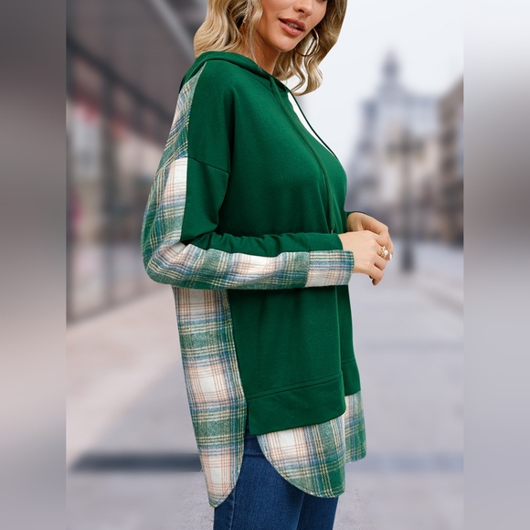 Green Plaid Drawstring Long Sleeve Slit Casual Pullover Warm Hoodie. NWT - Picture 3 of 3